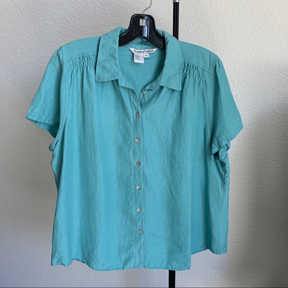 Vintage Blue Silk Linen Blend Button Up Short Sleeve Top Blouse Size XL